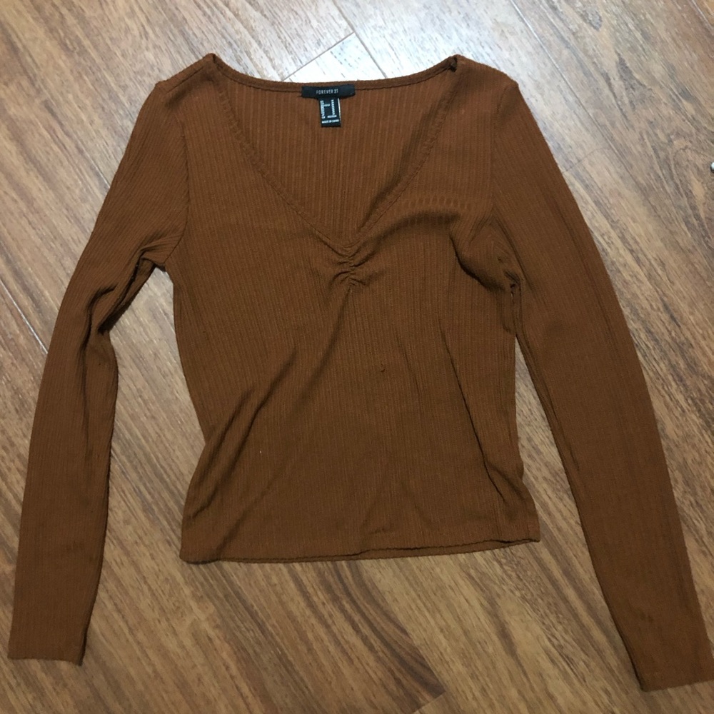 Forever 21 Orange Ribbed Ruched V-neck Long Sleeve Top Size Medium